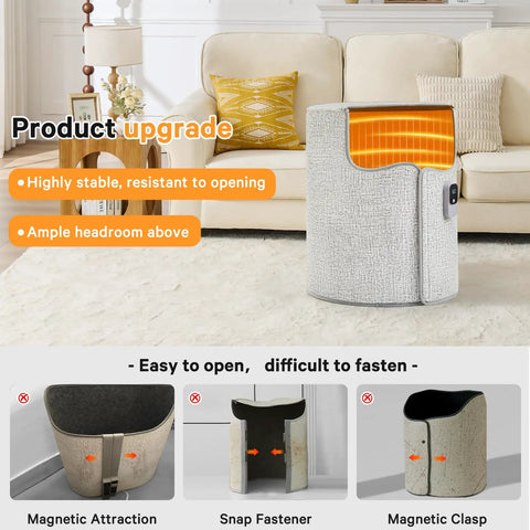 Under Desk Heater For Home Or Office Quiet Portable Space Warmer next to couch showing interior heat element and stability features