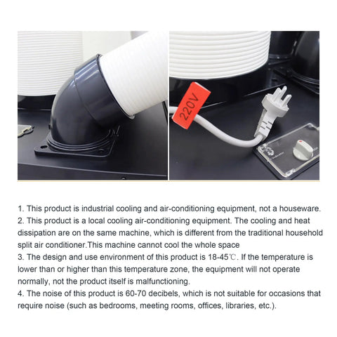 Heavy Duty Outdoor Industrial Air Conditioner Featuring Extendable Exhaust Hose For Shops And Warehouses Pumping Out Serious Chill Throughout The Summer Season In Sleek Black Finish close-up of exhaust hose and power plug.