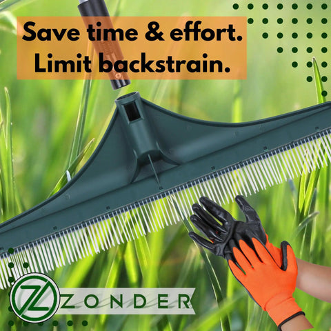 Extra Long Turf Rake For Artificial Grass Built Tough Heavy Duty Astro Turf Bristle Brush For Leaves Removal Rust And Abrasion Resistant Back Friendly Ergonomic Two Piece Handle 62 Inch Non Slip Design with bonus gloves