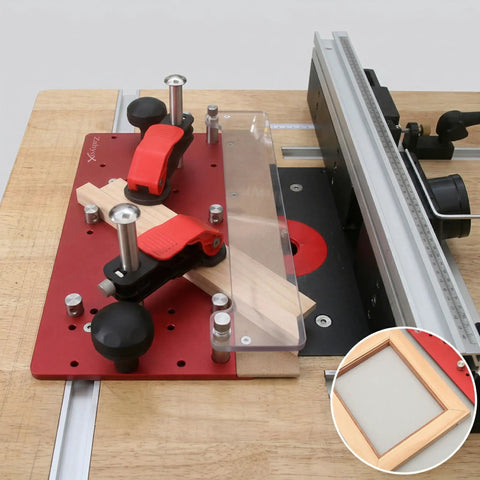 Pro Grade Precision Coping Sled For Router Table Rail Guide on wood surface with safety clamp and shield for woodworking