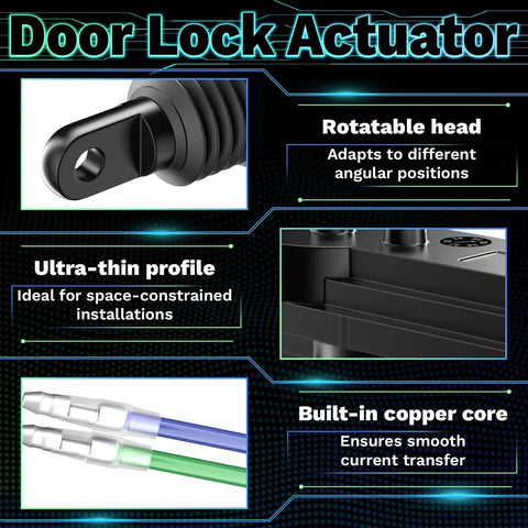 Universal 12V Door Lock Actuator Kit For Cars And Trucks features rotatable head, ultra-thin profile, and built-in copper core