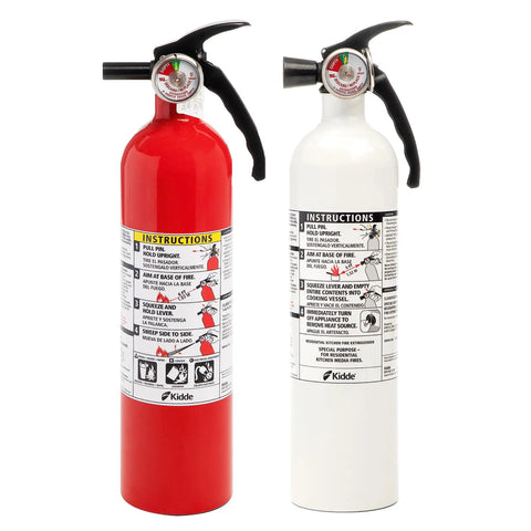 Kitchen Fire Extinguishers 2 Pack For Home And Office With One 1A10BC And One Specialty Kitchen Extinguisher, red and white units.