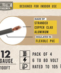 Close-up of 12 gauge copper clad aluminum wire with flexible PVC insulation, labeled for indoor use and rated to 105°C.