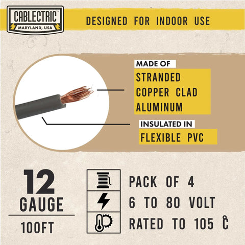 Close-up of 12 gauge copper clad aluminum wire with flexible PVC insulation, labeled for indoor use and rated to 105°C.