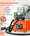 Front view of VEVOR hydraulic electric pump on an orange base with dual gauges, hoses, and joystick control