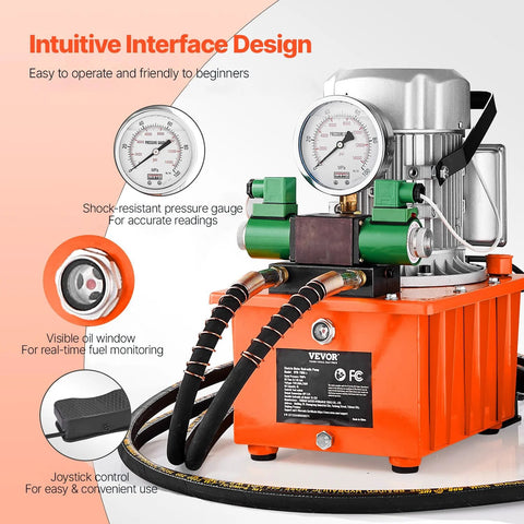 Front view of VEVOR hydraulic electric pump on an orange base with dual gauges, hoses, and joystick control