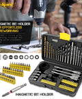 Front view: Hi-Spec drill bit set with magnetic bit holder in open case; yellow bit racks and HSS bits