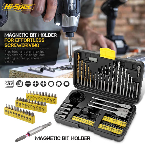 Front view: Hi-Spec drill bit set with magnetic bit holder in open case; yellow bit racks and HSS bits