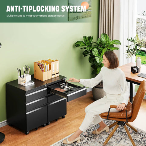 Woman using 3 Drawer Mobile File Cabinet With Lock Heavy Duty Under Desk Steel Filing Cabinet For Home Office Organizer Fits Letter Legal A4 Fully Assembled 5 Wheels 360 Degree Swivel Black in office setting.