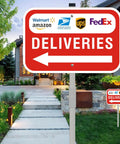 Stress Free Rust Proof Aluminum Delivery Sign With Bold Left Arrow Sturdy 28 Inch Ground Stake Helps Drivers Find Your Drop Spot Fast in a landscaped pathway.