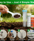 4 In 1 Soil Test Kit For Lawns And Gardens With 40 Tests Including PH Nitrogen Phosphorus And Potassium Readings. Step-by-step guide displayed.