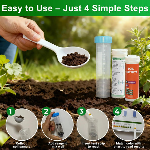 4 In 1 Soil Test Kit For Lawns And Gardens With 40 Tests Including PH Nitrogen Phosphorus And Potassium Readings. Step-by-step guide displayed.
