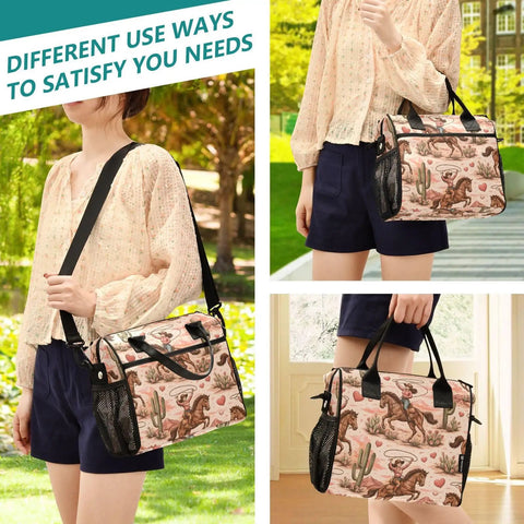 Insulated Lunch Bag Tote for Work and Outdoors leak proof reusable cooler with shoulder strap, cowboy print, 12L capacity
