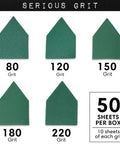 Five triangle sanding sheets with grits 80, 120, 150, 180, and 220; 50-pack box for Milwaukee M12 Sander