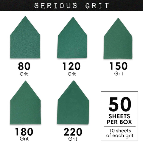 Five triangle sanding sheets with grits 80, 120, 150, 180, and 220; 50-pack box for Milwaukee M12 Sander