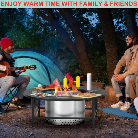 Camping scene with 38 Inch Fire Pit Surround Tabletop for Smokeless Fire Pit, suitable for Bonfire Ranger Tiki accessories.
