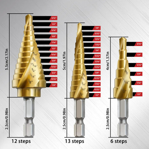 Heavy Duty Step Drill Bit Set For DIY Lovers With 31 Sizes And 1 Quarter Inch Hex Shank HSS Titanium Coated Spiral Grooved Bits