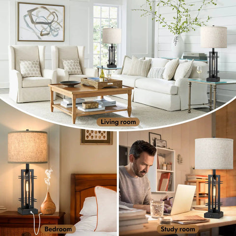 Farmhouse Style Twin Table Lamps With USB Ports For Bedroom And Living Room 27 And A Half Inch Tall Reading Lamps Cream Fabric Shade
