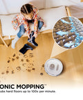 Child sitting on a bench above a robot vacuum with a cleaning feature, showcasing the Stratos 2 In 1 Robot Vacuum And Mop With 25 Plus Dope Hands Free Features And NeverTouch Self Cleaning Base For Up To 30 Days Of Hands Free Cleaning Precision Mapping Autolift Technology HEPA Filtration Edge Detect Anti Allergen Seal.