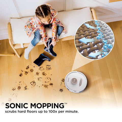 Child sitting on a bench above a robot vacuum with a cleaning feature, showcasing the Stratos 2 In 1 Robot Vacuum And Mop With 25 Plus Dope Hands Free Features And NeverTouch Self Cleaning Base For Up To 30 Days Of Hands Free Cleaning Precision Mapping Autolift Technology HEPA Filtration Edge Detect Anti Allergen Seal.