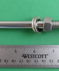 Top Shelf Beefy Stainless Steel 316 Marine Grade Eye Bolt Half Inch By Eight Inch Short Thread with nut and washers on green background.