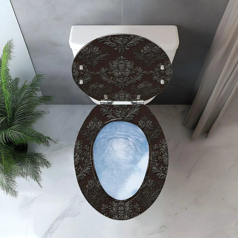 Elongated Gothic Resin Toilet Seat for Bathroom with intricate patterns, fitting most 40-47cm toilets, overhead view.