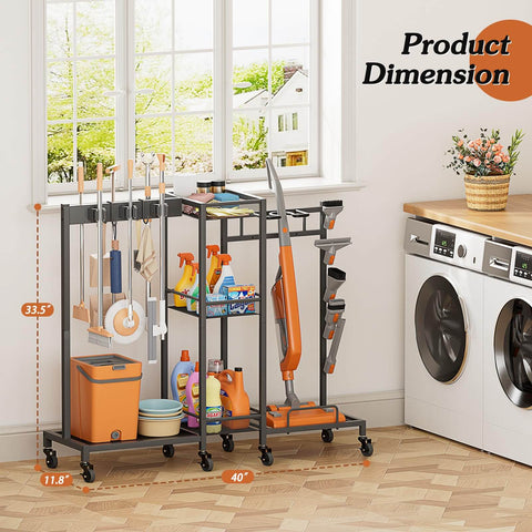 Three In One Broom Holder With Cleaning Supplies Organizer For Small Spaces Vacuum Stand And Mop Hang Broom Closet