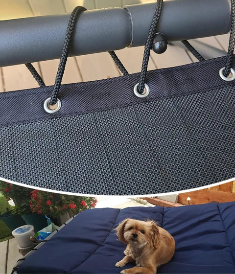 Outdoor Swing Lounger Replacement Mesh And Rope Kit showcasing mesh detail, rope durability, and chair installation on patio.