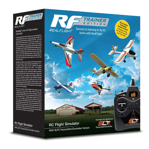 Trainer Edition RC Flight Simulator With SLT6 Controller RFL1211 box showing 6 trainer planes and 2 Blade helis against blue sky