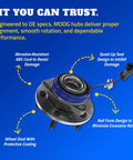 Single Front or Rear Wheel Hub & Bearing Assembly for Chevrolet Impala, sealed ball bearing with ABS grommet, shown with text highlights.