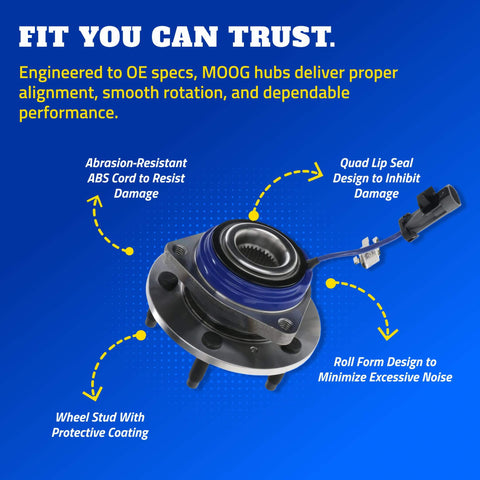Single Front or Rear Wheel Hub & Bearing Assembly for Chevrolet Impala, sealed ball bearing with ABS grommet, shown with text highlights.