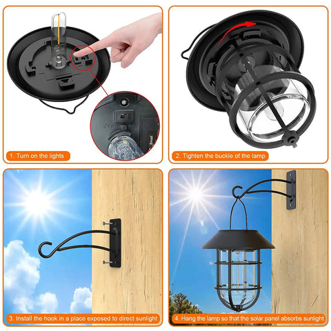 All Weather Metal Solar Lantern Lights With Easy Install Hooks For Outdoor Use instructions showing installation and setup steps