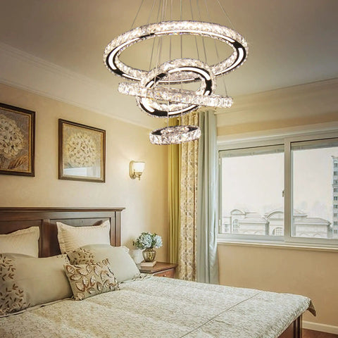 Dope Four Ring LED Crystal Chandelier Modern Flush Mount Ceiling Light in bedroom with DIY adjustable stainless steel pendant