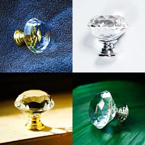 16 Pack Slick Crystal Cabinet Knobs With 30mm Diamond Glass Pull Handles And Polished Gold Base, Clear Dresser Knobs in various finishes.