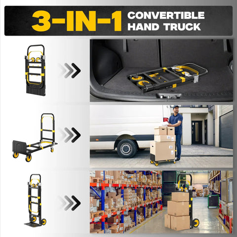 3 In 1 Convertible Hand Truck Dolly With Adjustable Handle Expandable Base And Collapsible Cart Converts Between Two Wheel Upright And Four Wheel Dolly 600 Lbs Capacity Heavy Duty Built To Haul Yellow Two Pack folded in trunk and used for boxes