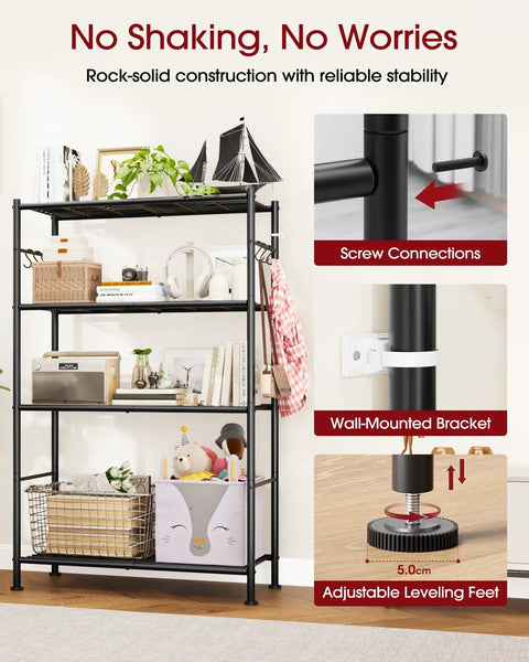 Kick Clutter Out With These Four Tier Storage Shelves Packing Six Tough As Nails Hooks And Self Leveling Feet No Sweat Assembly Rust Proof Steel Organizer Rack For Garage Kitchen Bedroom Black features adjustable leveling feet and screw connections.