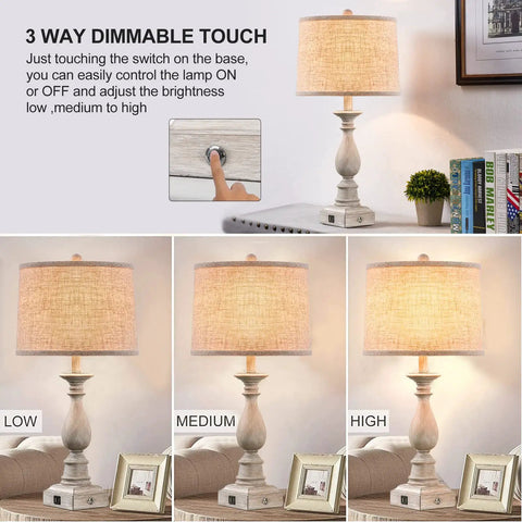 Set Of 2 Farmhouse Style Bedside Lamps With USB Ports, Rustic Linen Shade, 3 Way Dimmable Touch Nightstand Lights in various settings
