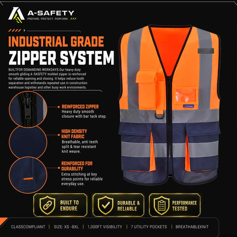 Straight Up Built Tough Orange And Navy Blue Safety Vest Lightweight Polyester Workwear Reflective Construction Gear Machine Washable Crew Protection Essentials