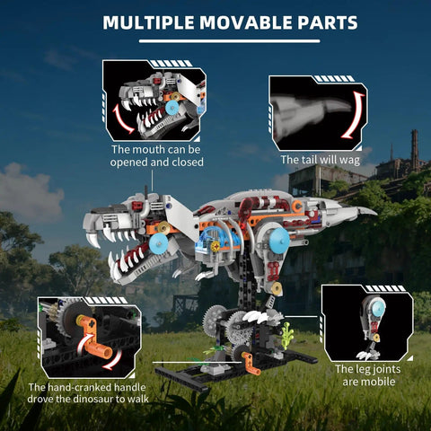 Mechanical T Rex Building Kit With Lights And Rotating Joints Dual Face Display Stand 730 Piece STEM Toy with movable parts