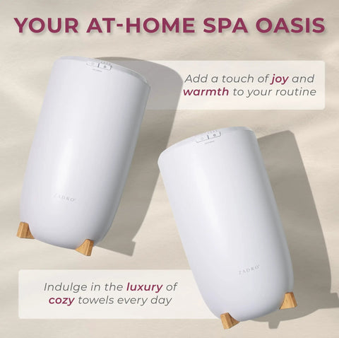 Two white Big Towel Warmer Buckets with Auto Shut Off, Four Timer Settings, for spa-worthy heat in bathrooms, side by side.