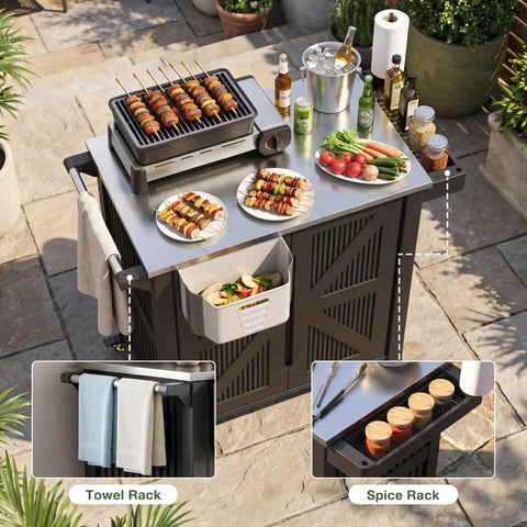 Outdoor Grill Cart With Stainless Steel Top, Rolling Utility Station, 2 Tier Storage Cabinet, Outdoor Kitchen Island Prep Table