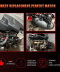 Collage of engine air intake hose for BMW, highlighting plug-and-play feature and easy installation, with corrosion resistance emphasis.