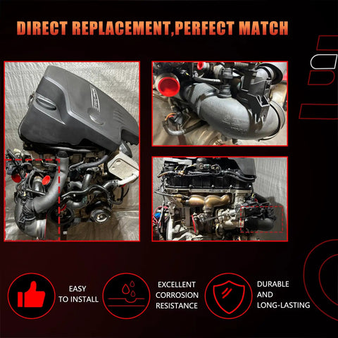 Collage of engine air intake hose for BMW, highlighting plug-and-play feature and easy installation, with corrosion resistance emphasis.