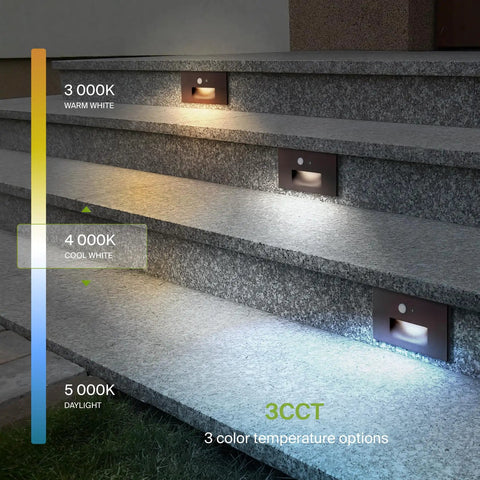 Recessed Step Light Fixture With Dusk To Dawn Sensor, Dope 3CCT Options, Motion Sensor And Photocell, Waterproof And ETL Listed, illuminated on stairs