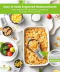 Top view of stainless steel measuring cups with pasta, fruit, and nuts. Engraved markings visible. Stainless Steel Measuring Cups And Spoons Set Of 14 With Leveler, Nesting Kitchen Gear For Dry And Liquid Ingredients, Perfect For Cooking And Baking, Easy Pour Spouts And Comfy Ergonomic Handles displayed.