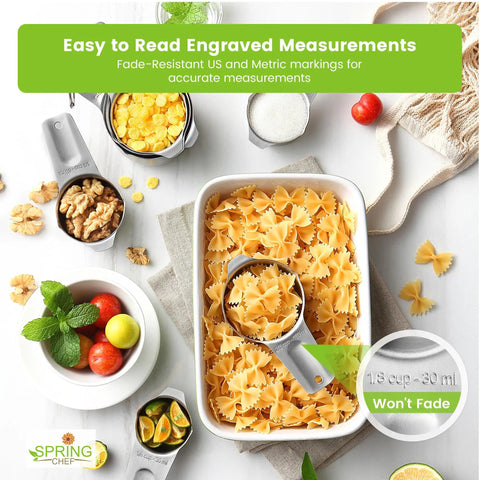 Top view of stainless steel measuring cups with pasta, fruit, and nuts. Engraved markings visible. Stainless Steel Measuring Cups And Spoons Set Of 14 With Leveler, Nesting Kitchen Gear For Dry And Liquid Ingredients, Perfect For Cooking And Baking, Easy Pour Spouts And Comfy Ergonomic Handles displayed.
