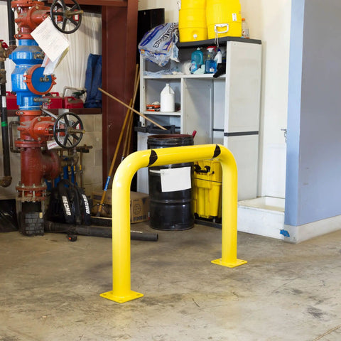 Four Foot By Three Foot Steel Machine Guard Safety Barrier installed in industrial area for protecting machinery and walls.