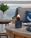 Blue Glass Tabletop Patio Torch Lights Set Of 3 Refillable Garden Lanterns for outdoor ambiance on patio with ocean view