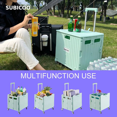 Folding Utility Cart With Lid Portable Rolling Handcart Collapsible Shopping Trolley On Four Swivel Wheels With Brakes Green