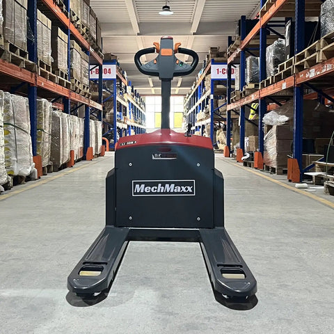 MechMaxx 3300lb Lithium Electric Pallet Jack with 45x27 forks in warehouse aisle for smooth cargo handling.